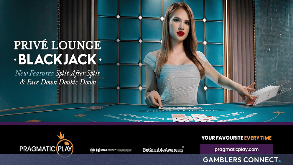 Promotional image for Pragmatic Play's Privé Lounge Blackjack highlighting the new Split After Split and Face Down Double Down features with a live dealer at a green felt table.