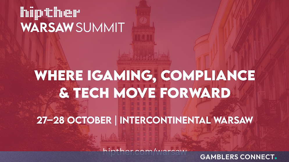 Promotional banner for the HIPTHER Warsaw Summit 2026 featuring the InterContinental Warsaw skyline in warm red tones.
