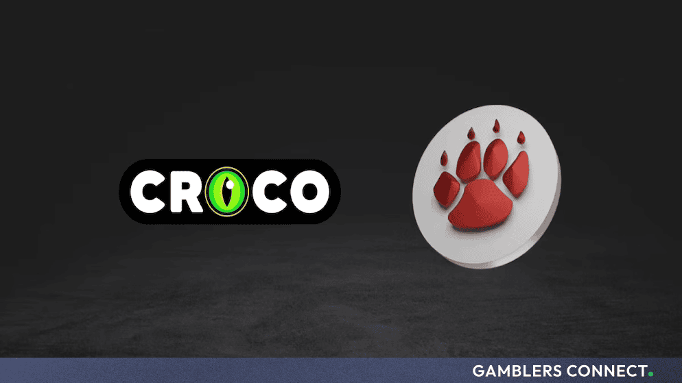 Dark promotional banner displaying the CROCO brand logo alongside a 3D red paw print coin icon against a textured surface.