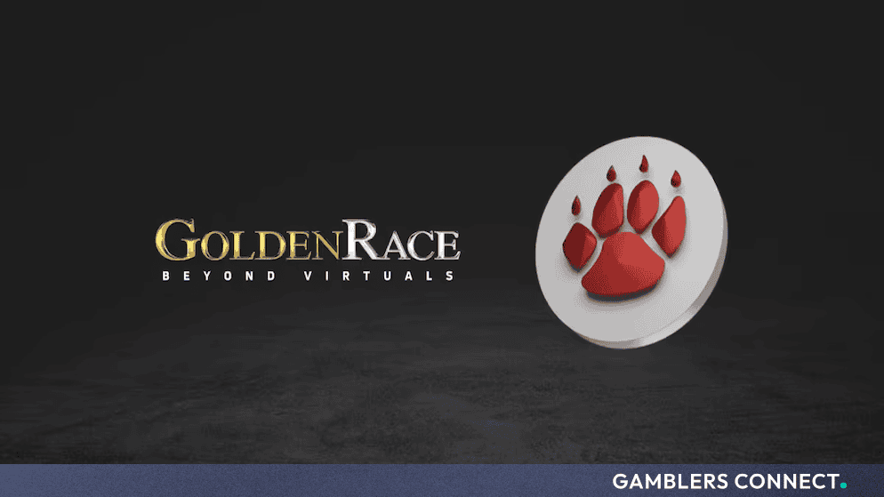 The official GoldenRace logo featuring gold typography alongside its red bear claw icon against a dark background.