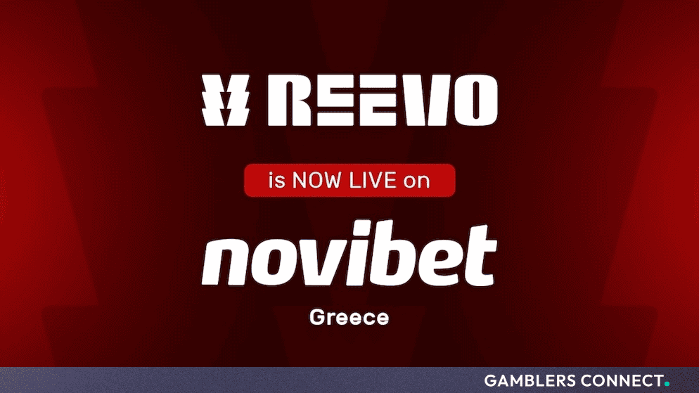 Official partnership graphic displaying the REEVO and Novibet logos with the text "is NOW LIVE on Novibet Greece" against a red background.