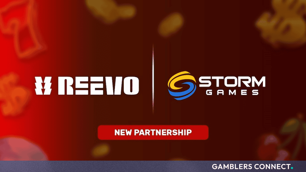 Promotional banner featuring the REEVO and Storm Games logos side-by-side against a red background with slot symbols.