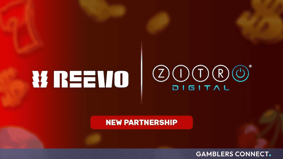 Official partnership announcement graphic featuring the REEVO and Zitro Digital logos with a red background and gold coin accents.