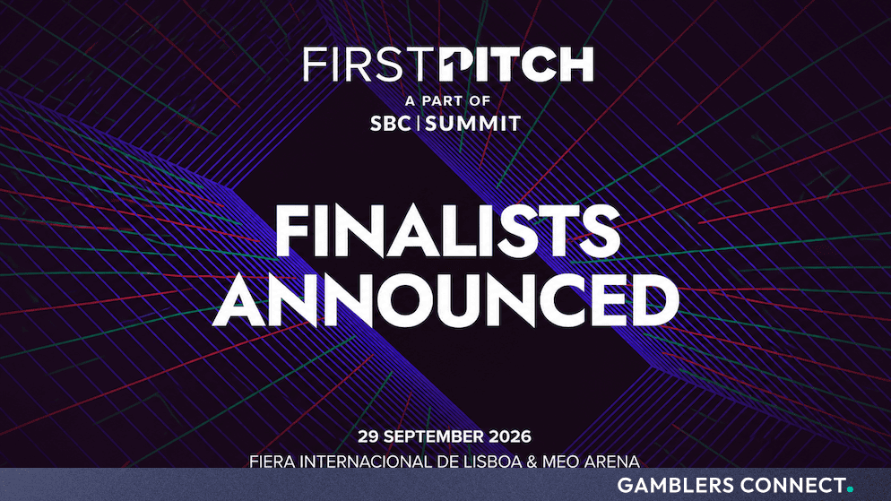 Promotional graphic for First Pitch at SBC Summit 2026 featuring digital geometric lines and text announcing the finalists.