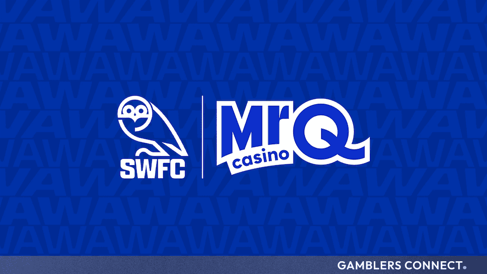 Official partnership graphic displaying the Sheffield Wednesday FC owl crest alongside the MrQ casino logo against a blue background.