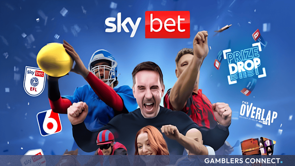 Promotional montage graphic featuring Sky Bet branding, sports personalities including Gary Neville, and various betting products against a blue background.