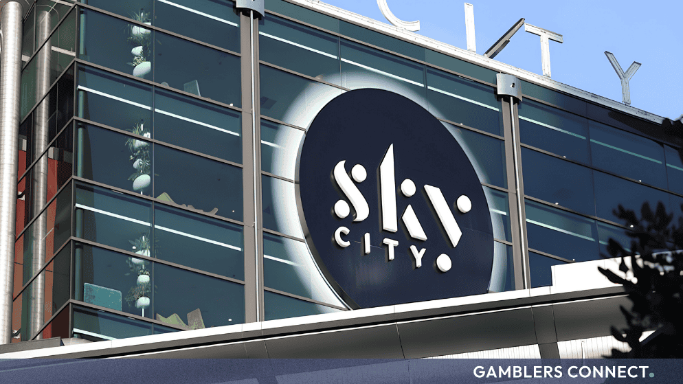 The exterior glass facade of the SkyCity Entertainment Group headquarters and property on Federal Street featuring the company logo.