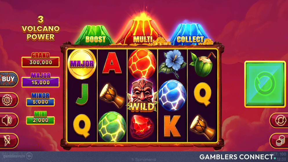Main game screen of Spinomenal's 3 Volcano Power slot, displaying the 5x3 reels, tropical background, and green, red, and blue volcano headers.