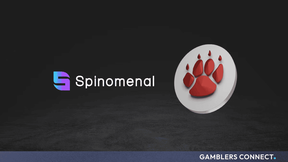 Dark promotional banner displaying the Spinomenal logo alongside a 3D red paw print coin icon against a textured surface.