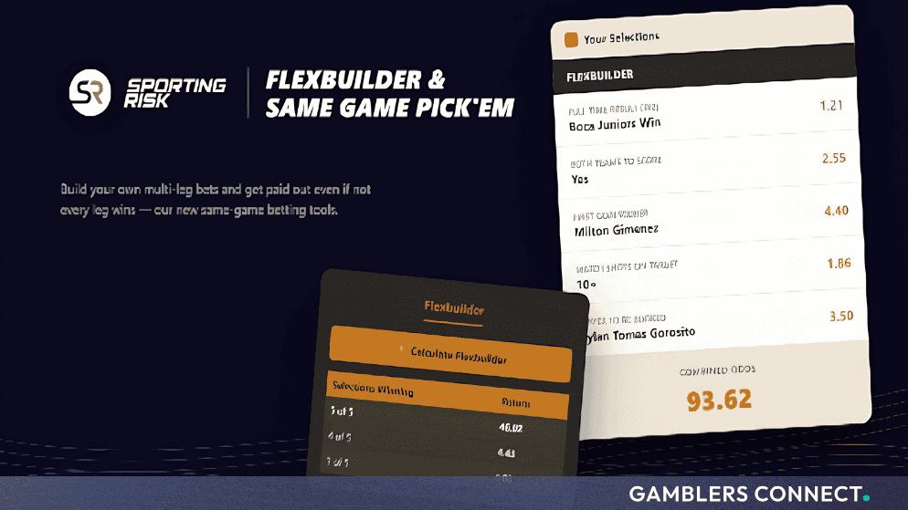 Promotional graphic displaying the Sporting Risk logo alongside interface previews for FlexBuilder and Same Game Pick 'Em betting tools.