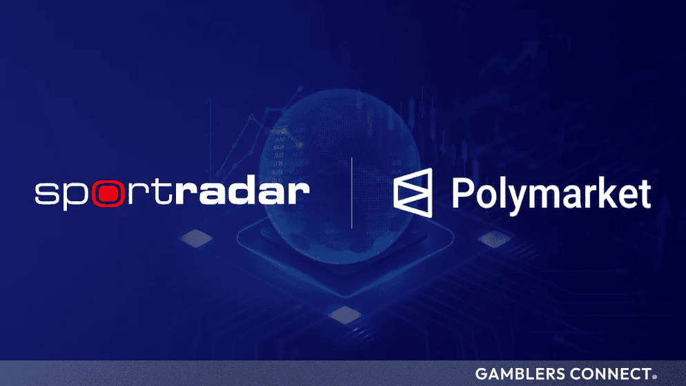 Co-branded digital graphic featuring the Sportradar and Polymarket logos against a dark blue background with stock charts and a global map.