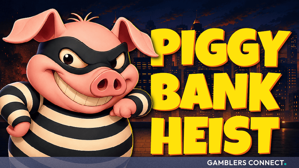 Promotional game artwork for Piggy Bank Heist featuring a masked cartoon pig robber against a city skyline backdrop.