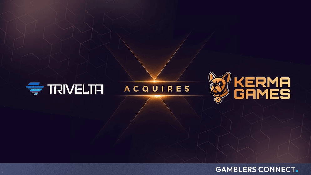 Corporate announcement graphic displaying the Trivelta and Kerma Games logos joined by an "Acquires" badge on a dark background.