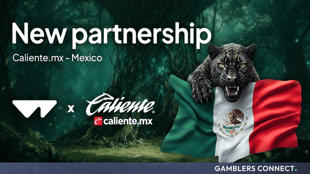 Promotional collaboration graphic featuring the Wazdan and Caliente.mx logos alongside a stylized jaguar holding the Mexican flag in a jungle setting.