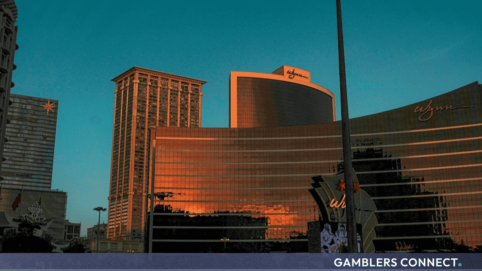 Exterior view of Wynn resort property architecture under a clear evening sky.