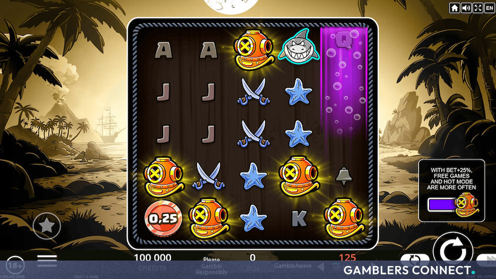 In-game screenshot of Belatra's Yo-ho-ho 2048 slot featuring a 5x5 grid, glowing diving helmet symbols, and active coin multipliers against a tropical pirate background.