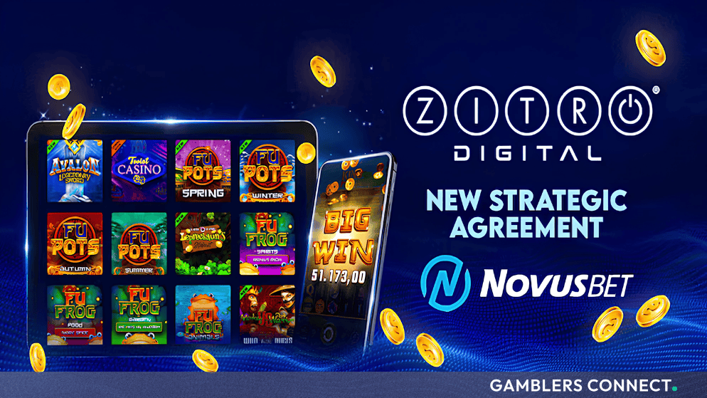 Promotional banner showcasing Zitro Digital and Novusbet logos alongside digital slot game previews and golden coins on a blue background.