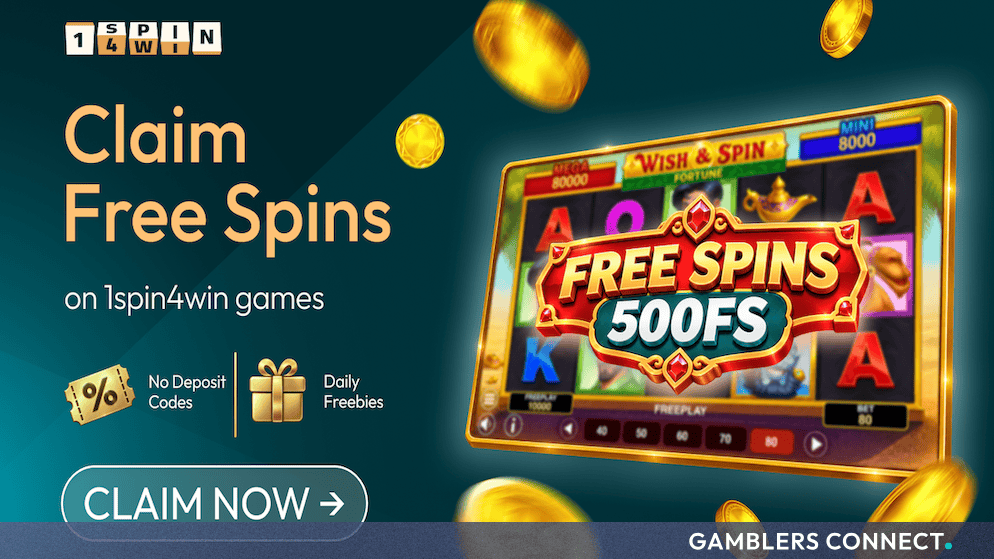 Promotional banner inviting players to claim free spins on 1spin4win games featuring gold coins and slot machine visuals.