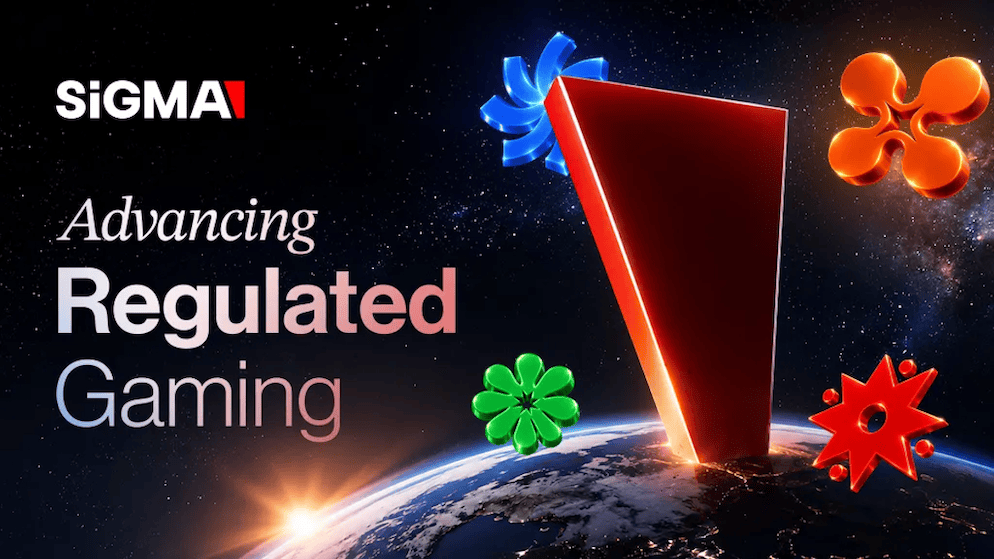 Promotional artwork featuring SiGMA's new tagline "Advancing Regulated Gaming" against a space and Earth backdrop.