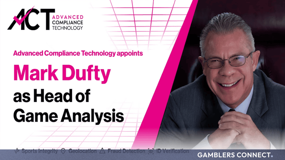 Professional portrait graphic announcing Mark Dufty as Head of Game Analysis at Advanced Compliance Technology (ACT).