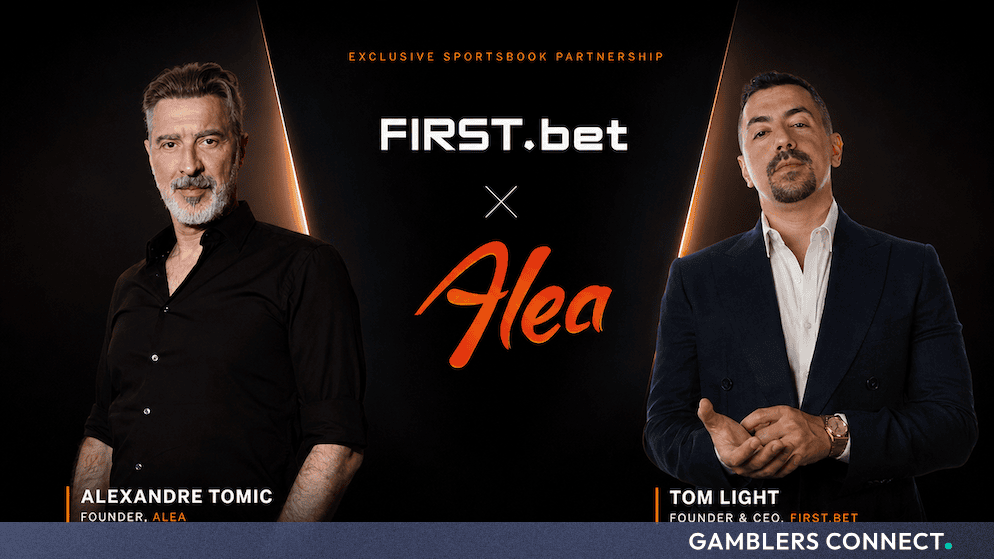 Official partnership announcement graphic featuring Alexandre Tomic of Alea and Tom Light of FIRST.bet.