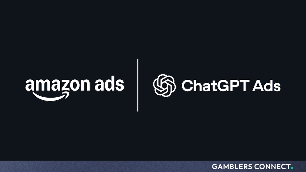 Official corporate logo graphic displaying the Amazon Ads and ChatGPT Ads branding side by side on a dark background.
