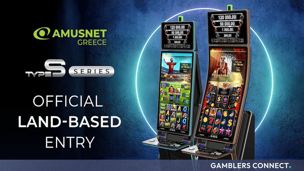 Amusnet Type S series slot machine cabinets displayed against a blue glowing circular backdrop with the Amusnet Greece logo.