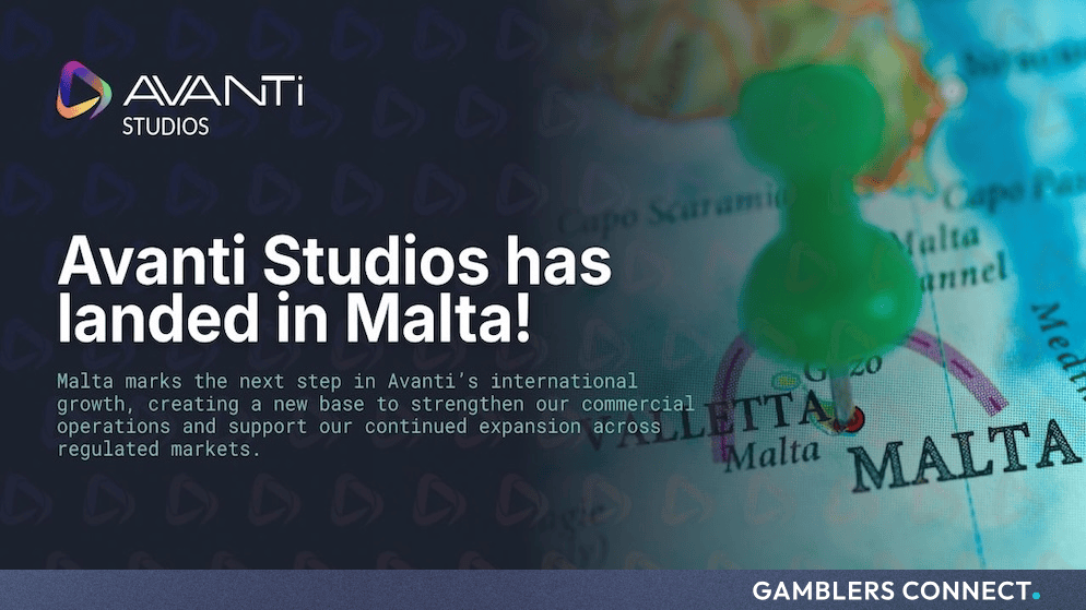 Promotional graphic featuring the Avanti Studios logo and the announcement "Avanti Studios has landed in Malta!" over a map background.