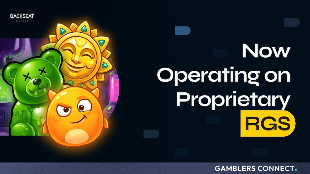 Promotional graphic featuring Backseat Gaming characters and text stating "Now Operating on Proprietary RGS."