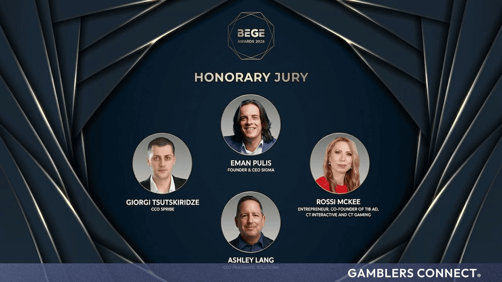 Official announcement graphic for the BEGE Awards 2026 Honorary Jury featuring portraits of Eman Pulis, Giorgi Tsutskiridze, Rossi McKee, and Ashley Lang.