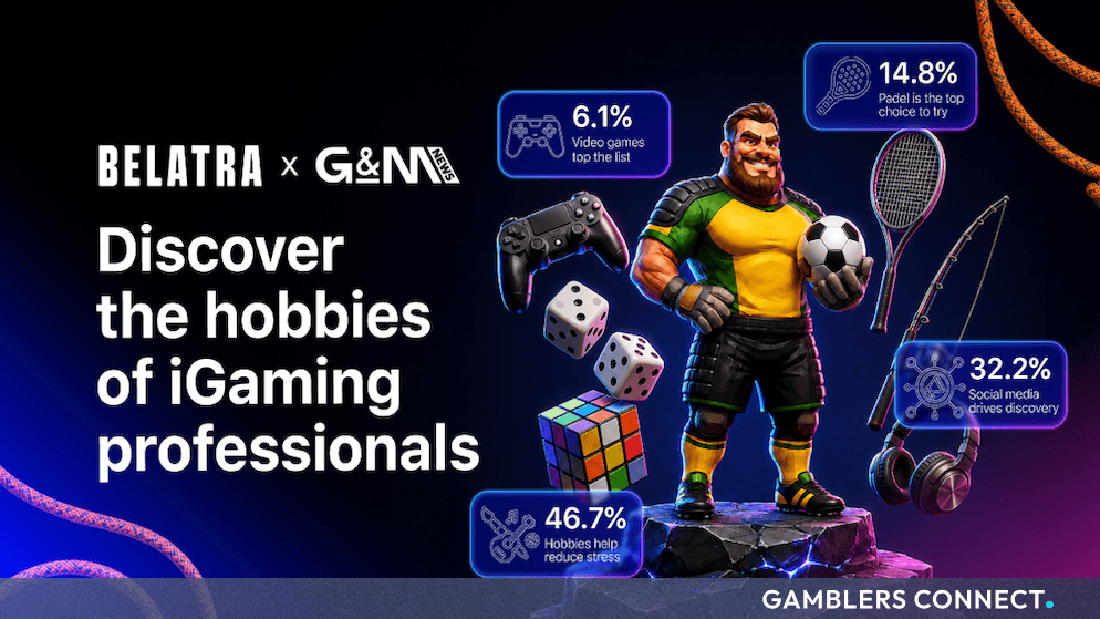 Promotional graphic for the Belatra Games and G&M News survey featuring "The Guy" character surrounded by icons representing video games, padel, and survey statistics.