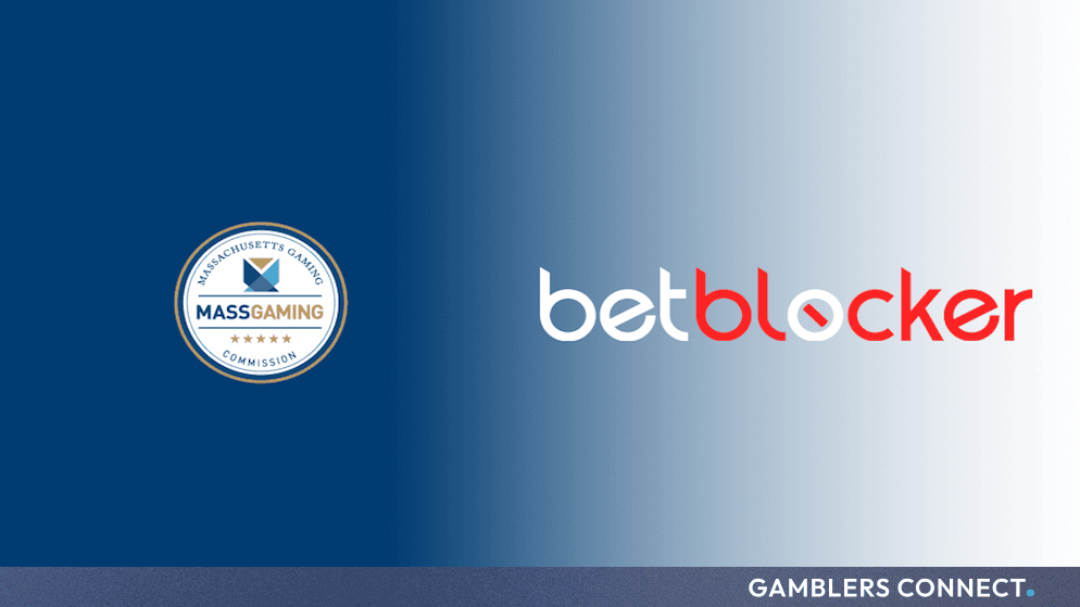 Official partnership graphic featuring the Massachusetts Gaming Commission seal and the BetBlocker logo against a blue gradient background.