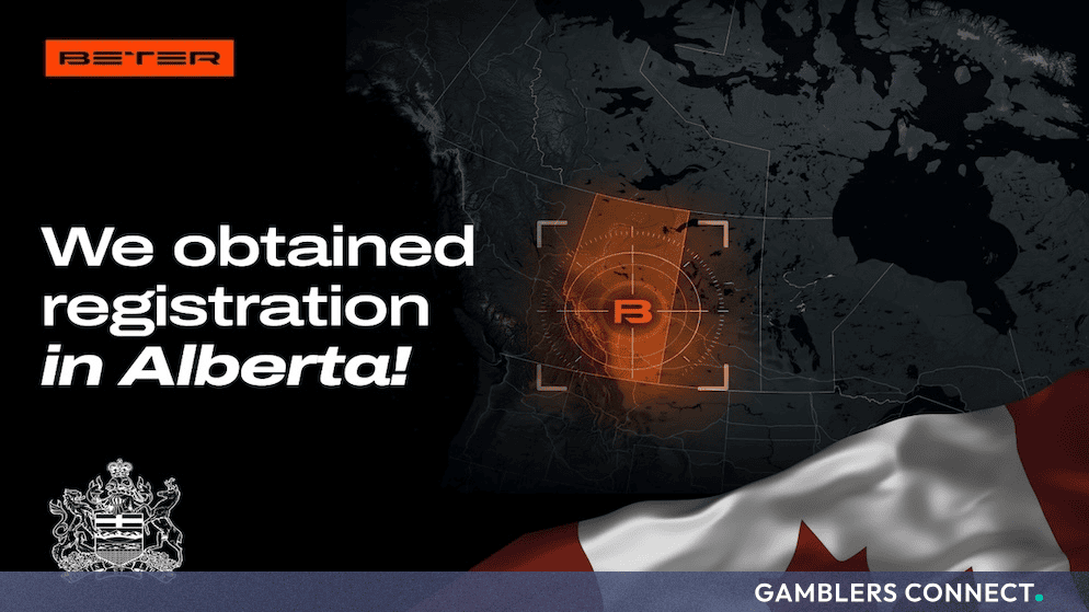 Promotional graphic featuring the BETER logo and the announcement of its new registration in Alberta over a map background and the Canadian flag.