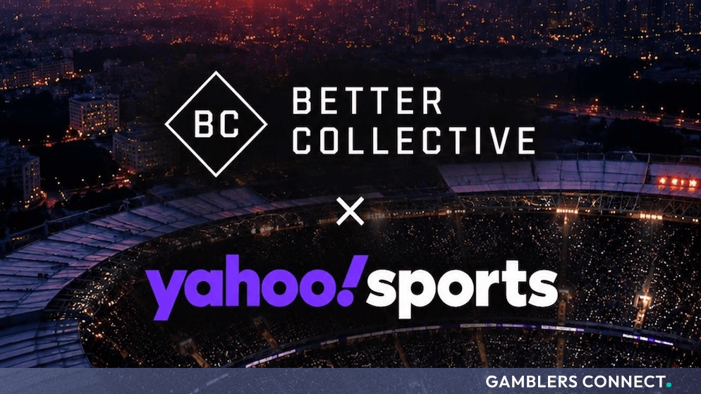 Official partnership graphic displaying the Better Collective and Yahoo Sports logos overlaid across an illuminated stadium backdrop.
