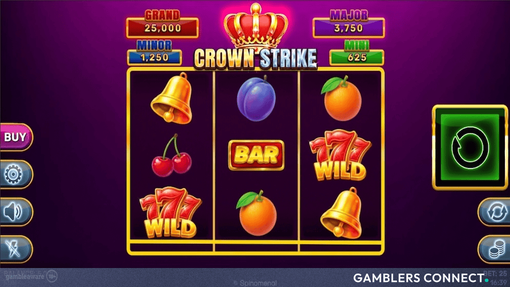 Main game screen of Crown Strike - Hold & Hit 3x3 slot displaying fruit symbols, wild 777s, and jackpot counters.