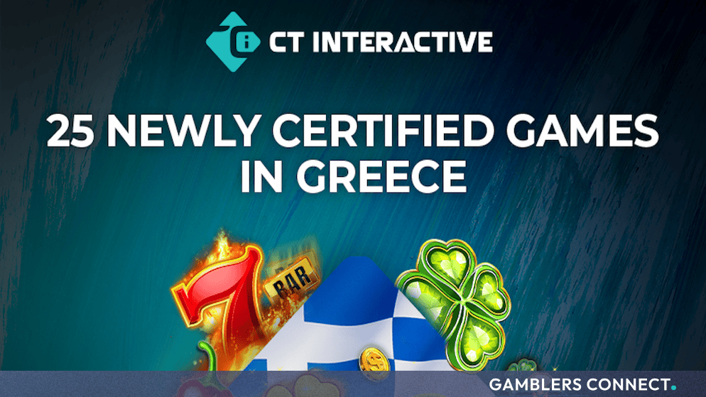 Promotional graphic displaying the CT Interactive logo and the text "25 Newly Certified Games in Greece" surrounded by slot game icons and the Greek flag.
