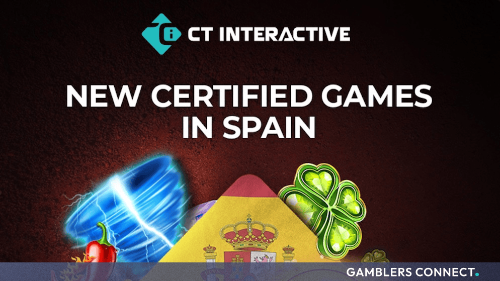 Promotional graphic featuring the CT Interactive logo and icons representing new certified games in Spain.