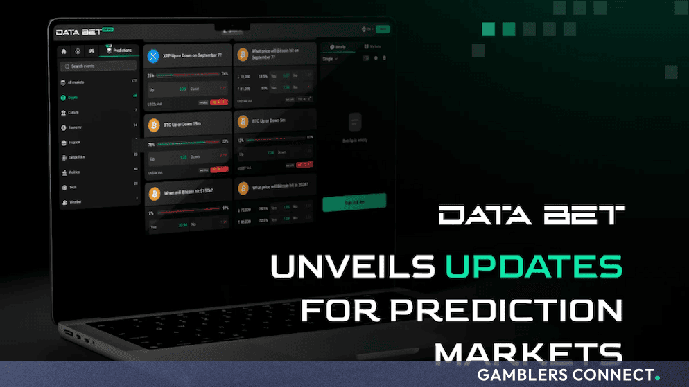 Promotional laptop display showing DATA.BET's Prediction Markets interface with cryptocurrency and financial wagering options.