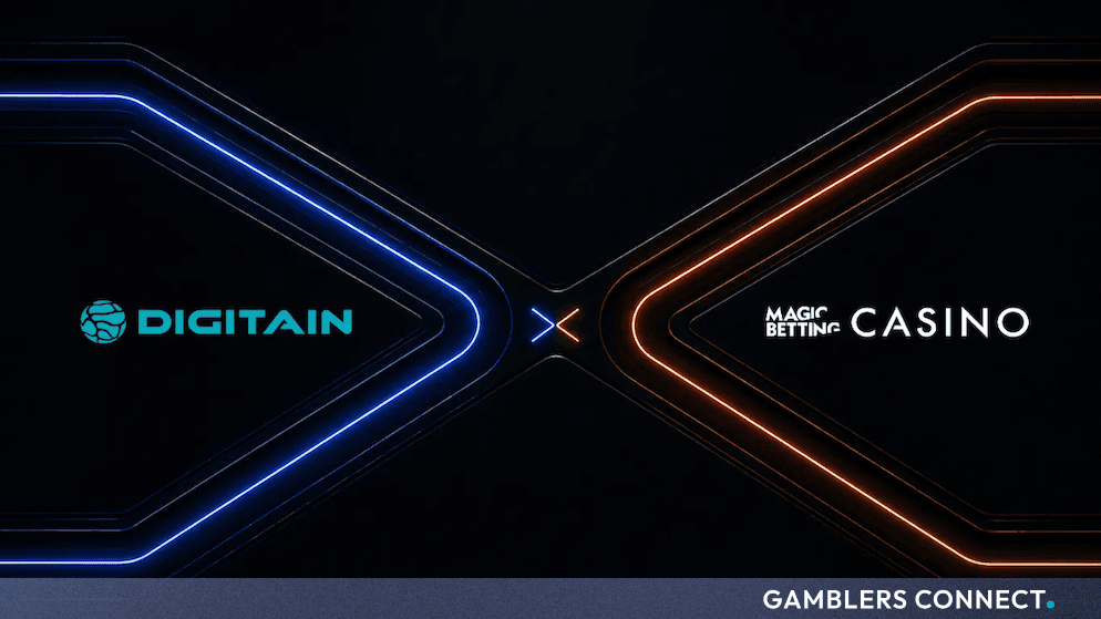 Promotional collaboration graphic featuring the Digitain and MagicBetting Casino brand logos connected by neon light pathways against a dark background.