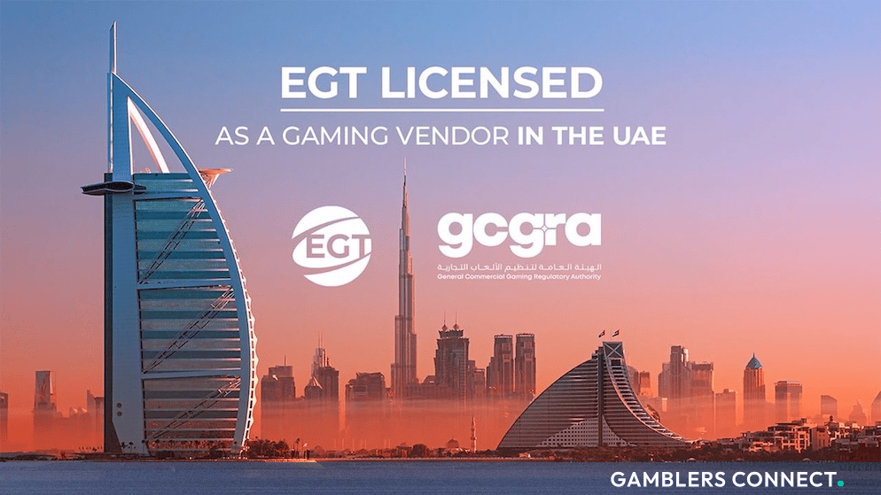 Promotional banner announcing EGT's licensing as a gaming vendor in the UAE, featuring the EGT and GCGRA logos against the Dubai city skyline.