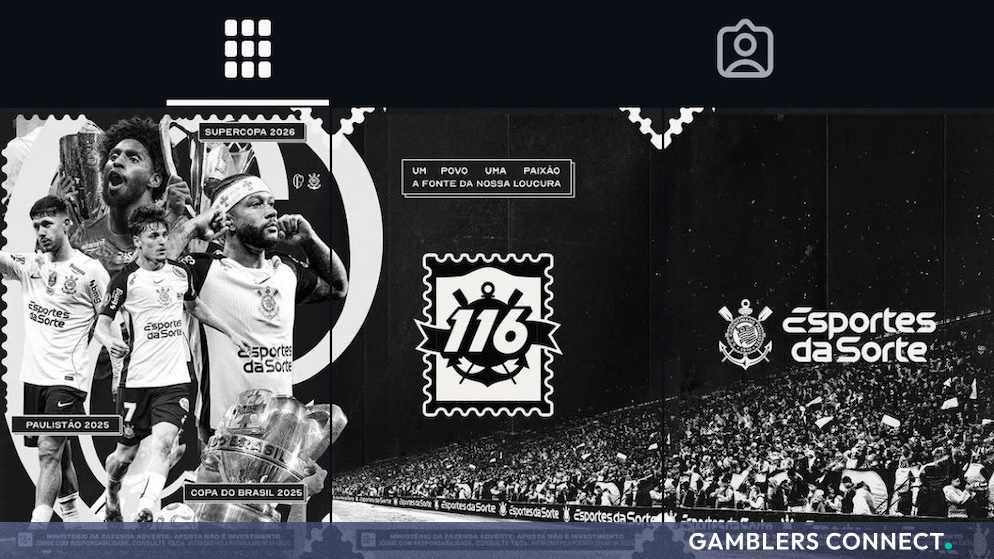 Promotional graphics celebrating Sport Club Corinthians Paulista's 116th anniversary alongside Esportes da Sorte partnership branding.