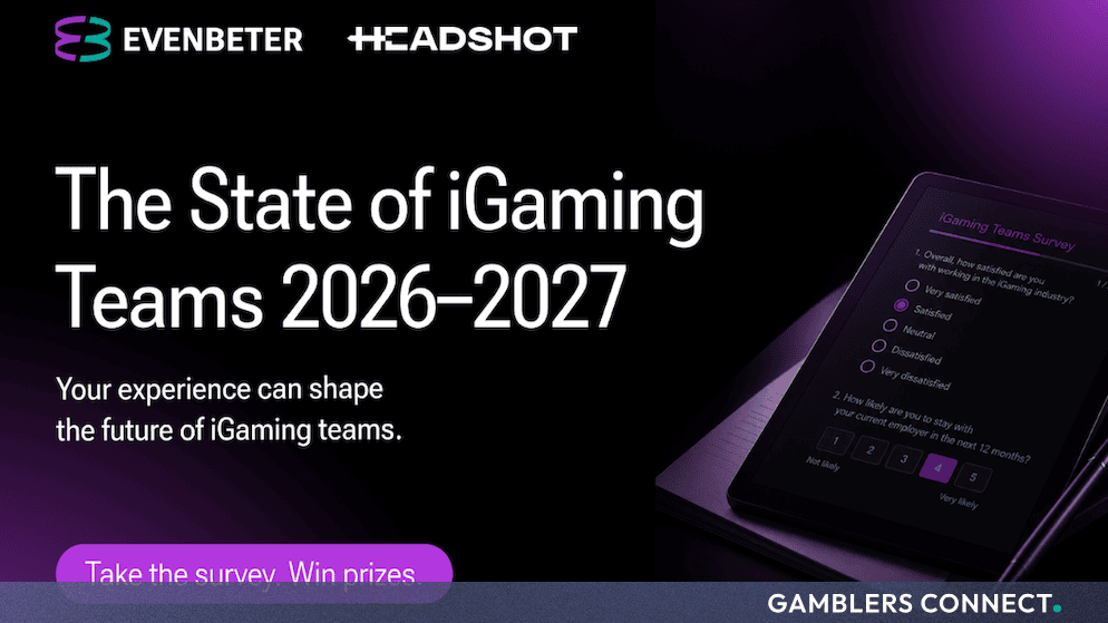 Promotional banner for "The State of iGaming Teams 2026-2027" survey launched by Evenbeter and Headshot.
