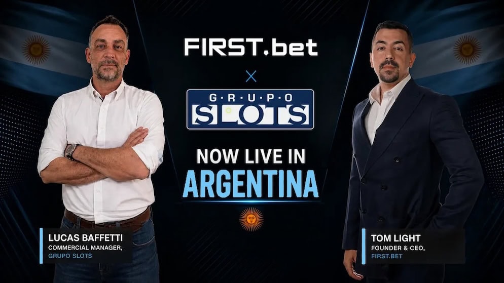 Promotional graphic featuring Lucas Baffetti of Grupo Slots and Tom Light of FIRST.bet alongside the official partnership announcement and Argentine flags.