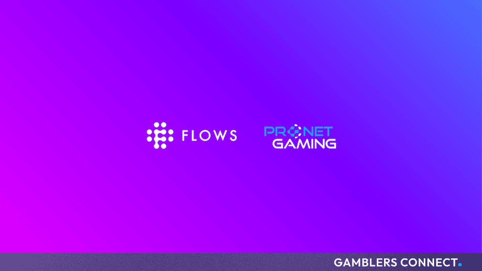 Official partnership graphic featuring the Flows and Pronet Gaming logos against a vibrant purple and blue gradient background.
