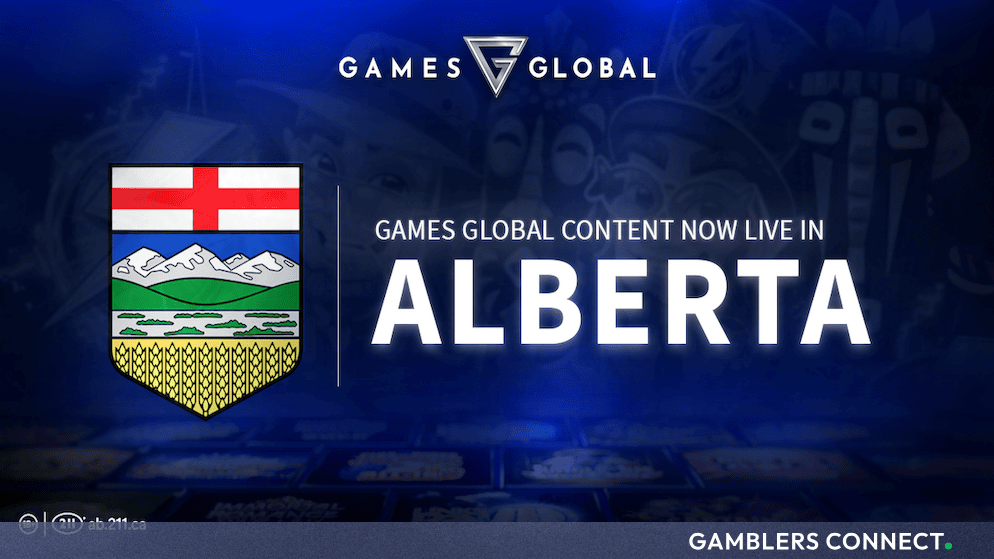 Official promotional graphic announcing Games Global content going live in Alberta featuring the provincial shield emblem.