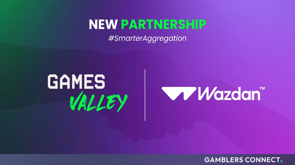 Official partnership announcement graphic featuring the Games Valley and Wazdan logos under the #SmarterAggregation banner.