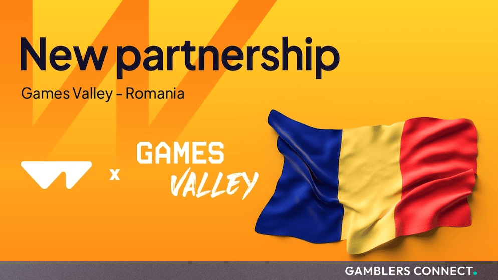 Promotional banner highlighting the new partnership between Games Valley and Wazdan featuring the Romanian flag.