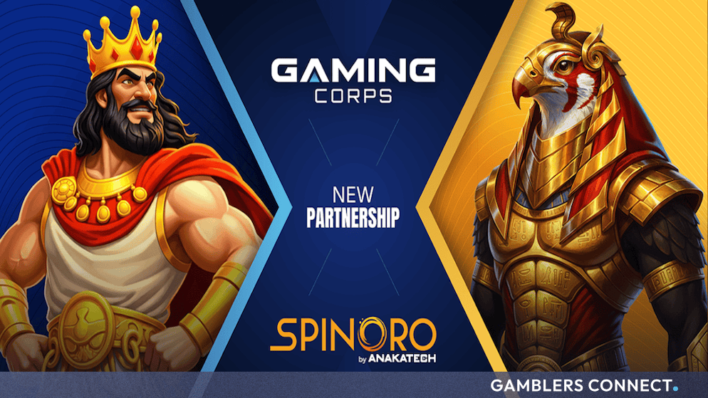 Promotional banner highlighting the partnership between Gaming Corps and SpinOro by Anakatech, featuring mythological character artwork.