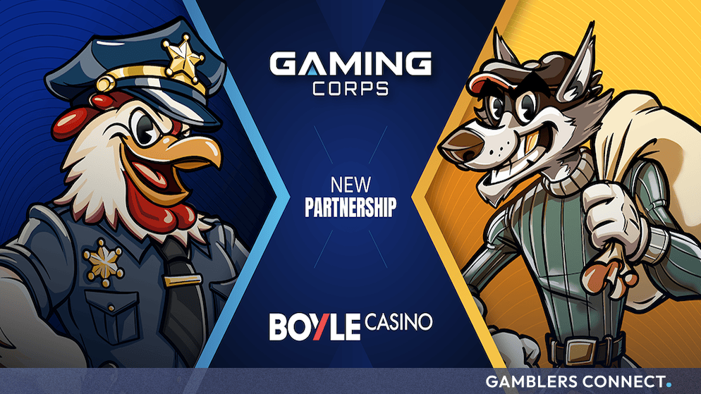 Promotional banner featuring Gaming Corps and Boyle Casino logos alongside animated character art for a new partnership.