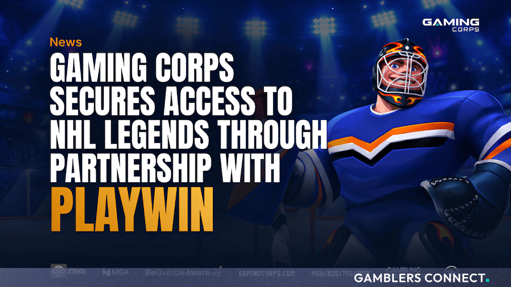 Promotional banner announcing Gaming Corps securing access to NHL legends through its partnership with PlayWin, featuring an illustrated hockey goaltender.
